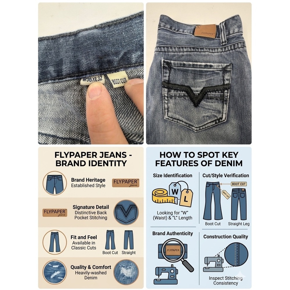 Flypaper Mens‎ Jeans 36x30 Boot Cut Medium Wash Distressed V-Stitch Heavy Denim